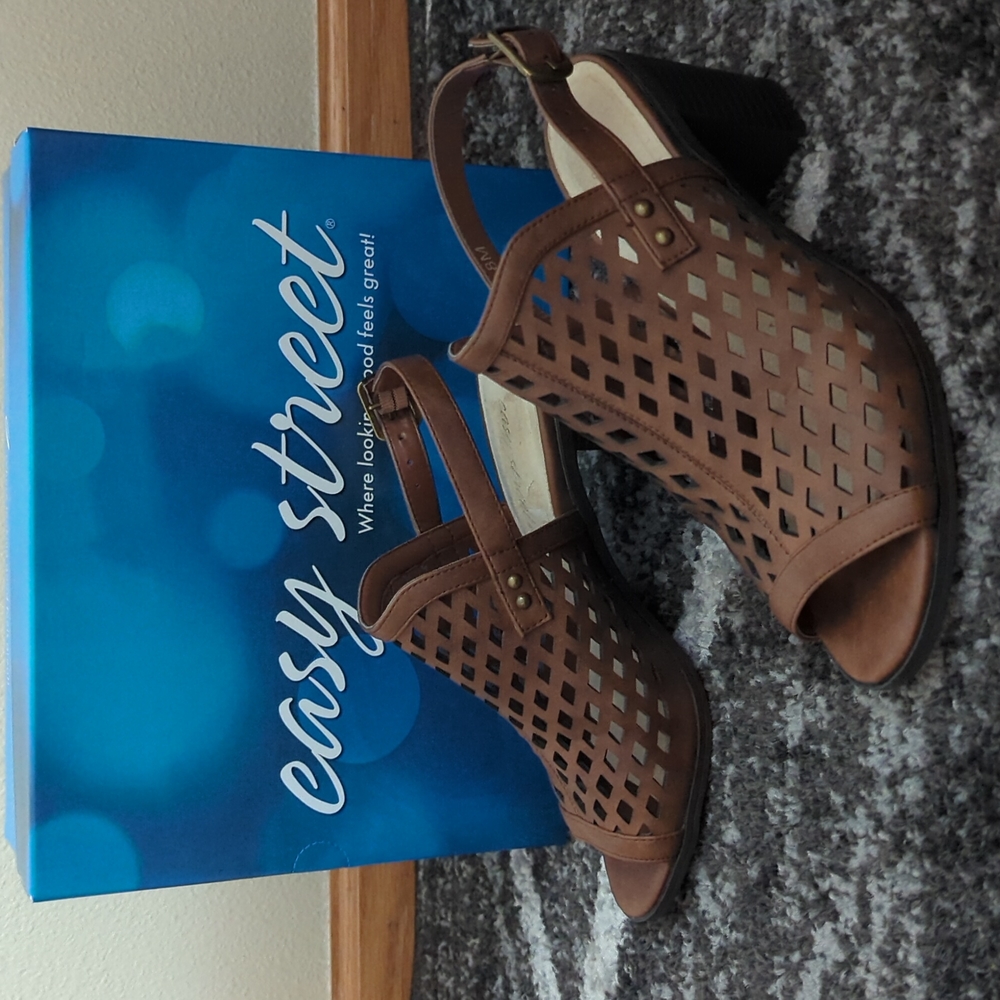Easy Street "Erin" Slingback Chunky Heel Sandal  Size 8 Brown - Bunishe